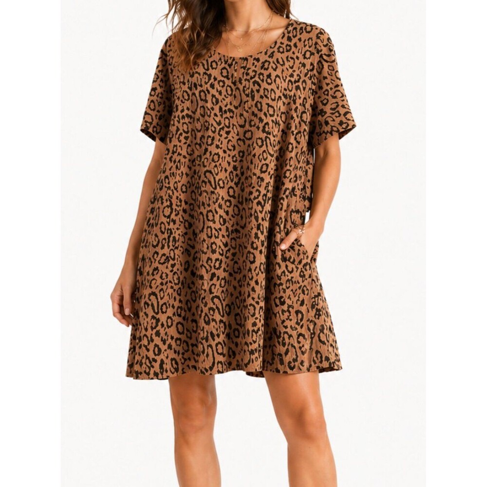 New IN Leopard Print Shift Dress Womens Plus Size 2X Relaxed Boho Chic